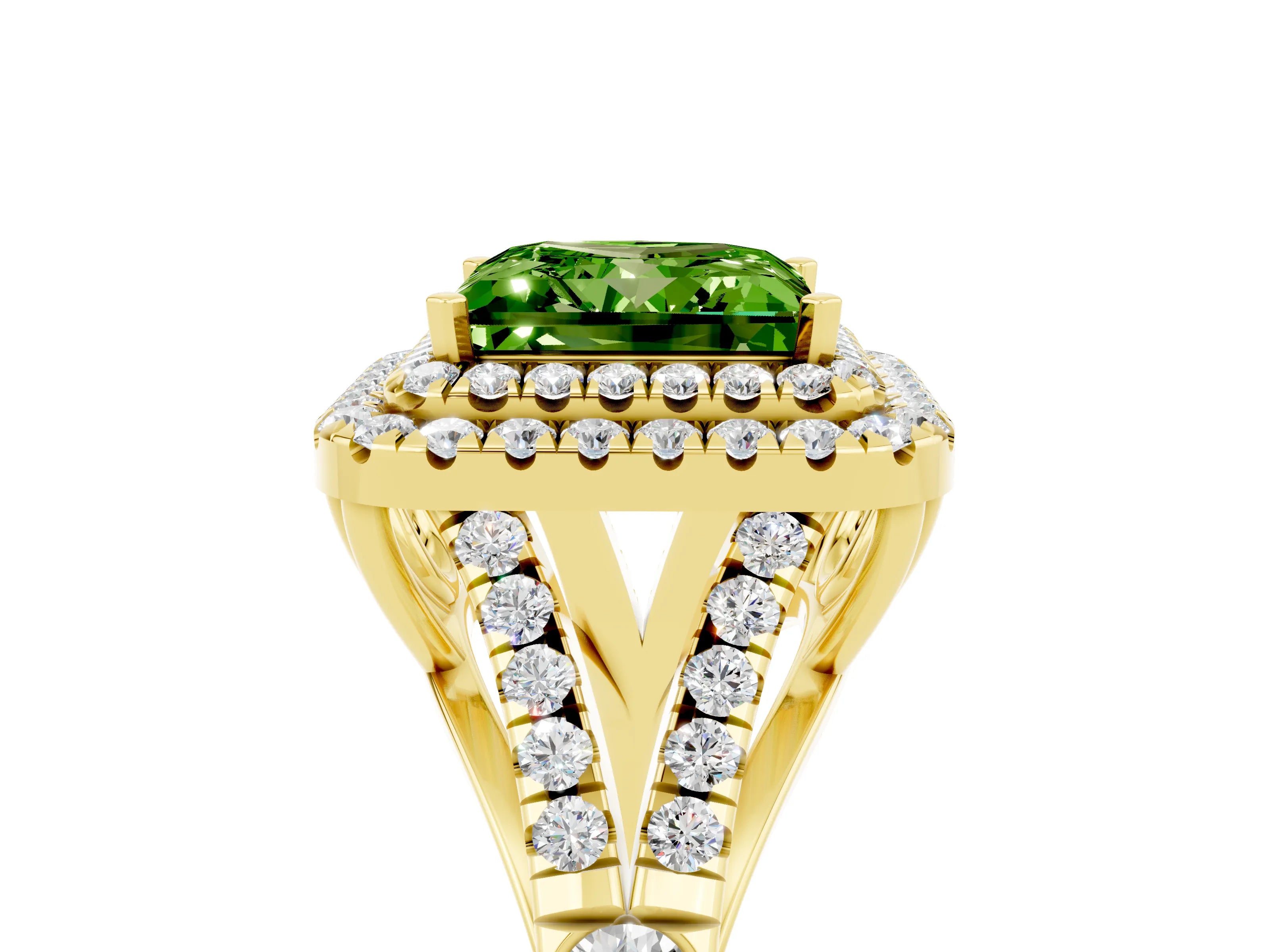Yellow gold Double Halo Princess Cut Peridot Pavé Split Shank Ring with Prong Setting_5