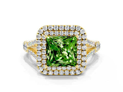 Yellow gold Double Halo Princess Cut Peridot Pavé Split Shank Ring with Prong Setting