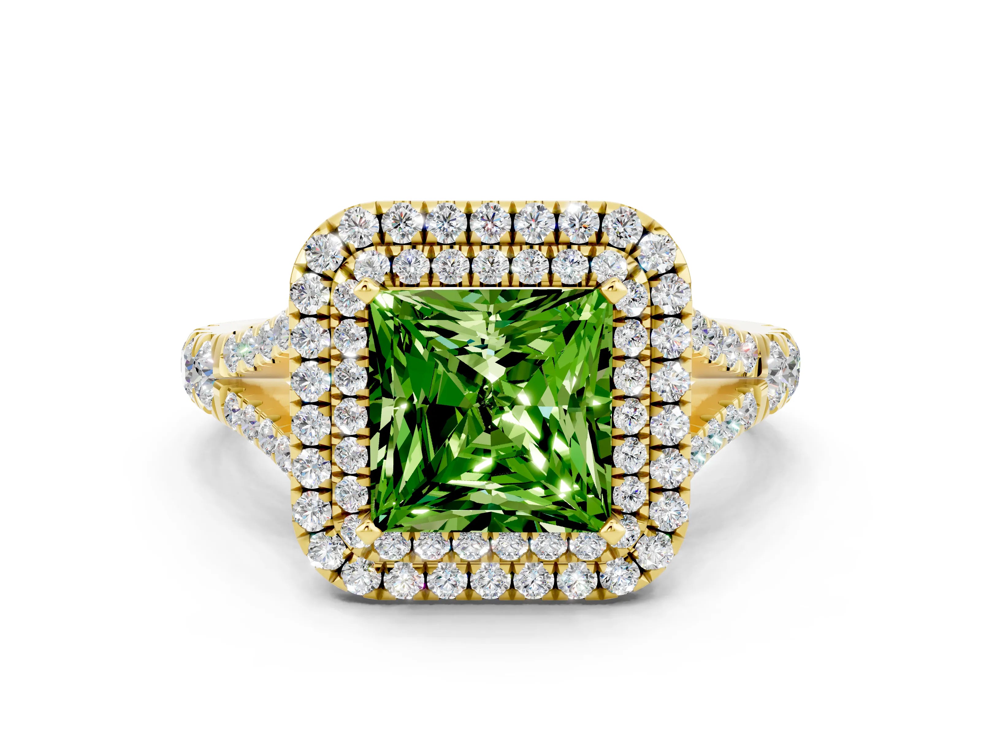 Yellow gold Double Halo Princess Cut Peridot Split Shank Engagement Ring with Four-Prong Setting
