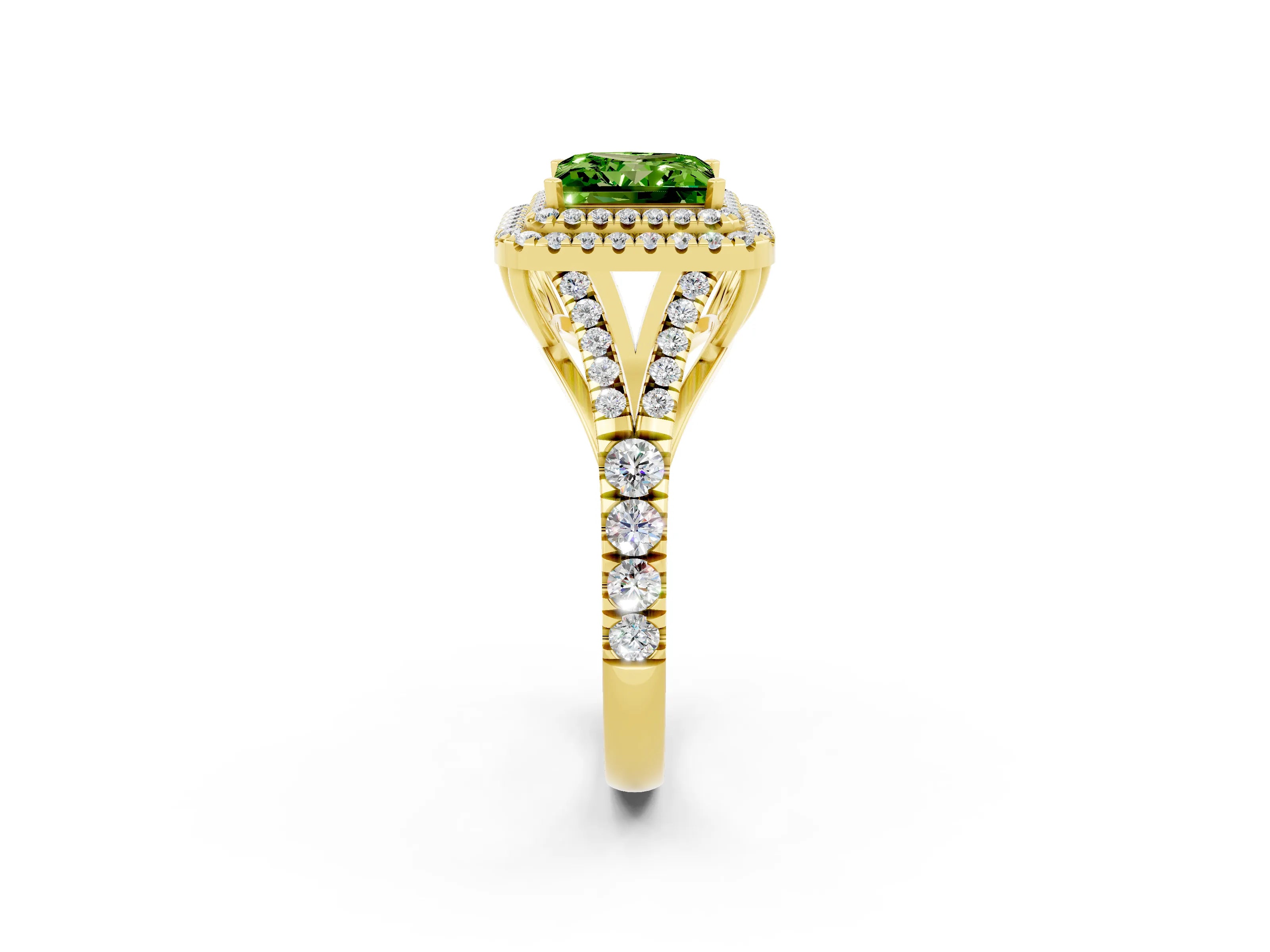 Yellow gold Double Halo Princess Cut Peridot Split Shank Engagement Ring with Four-Prong Setting_2