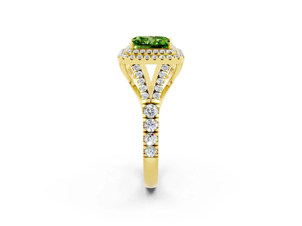 Yellow gold Double Halo Princess Cut Peridot Split Shank Engagement Ring with Four-Prong Setting