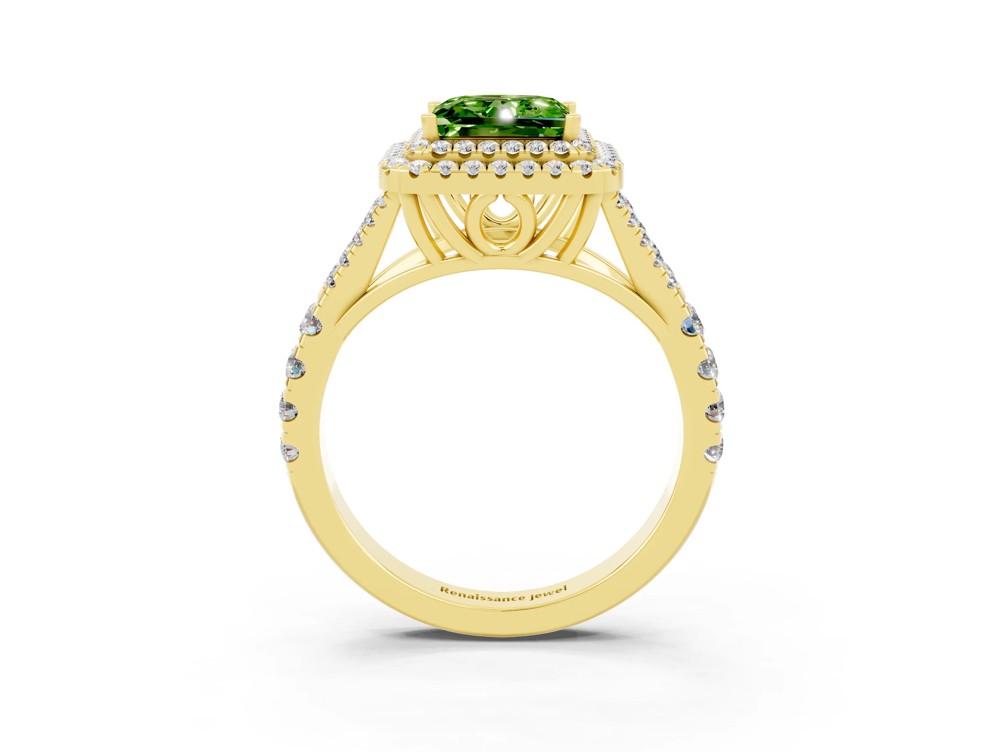 Yellow gold Double Halo Princess Cut Peridot Split Shank Engagement Ring with Four-Prong Setting_3
