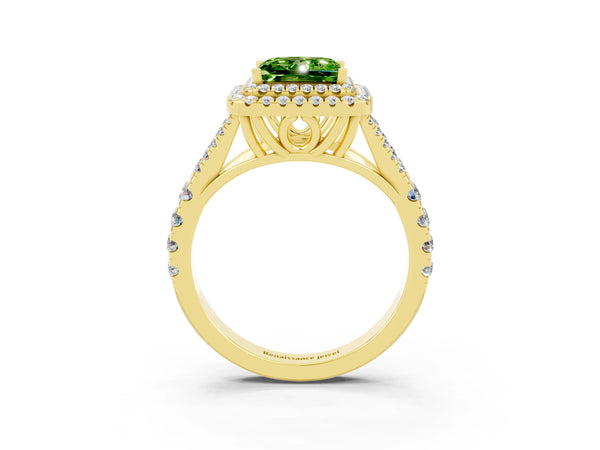 Yellow gold Double Halo Princess Cut Peridot Split Shank Engagement Ring with Four-Prong Setting