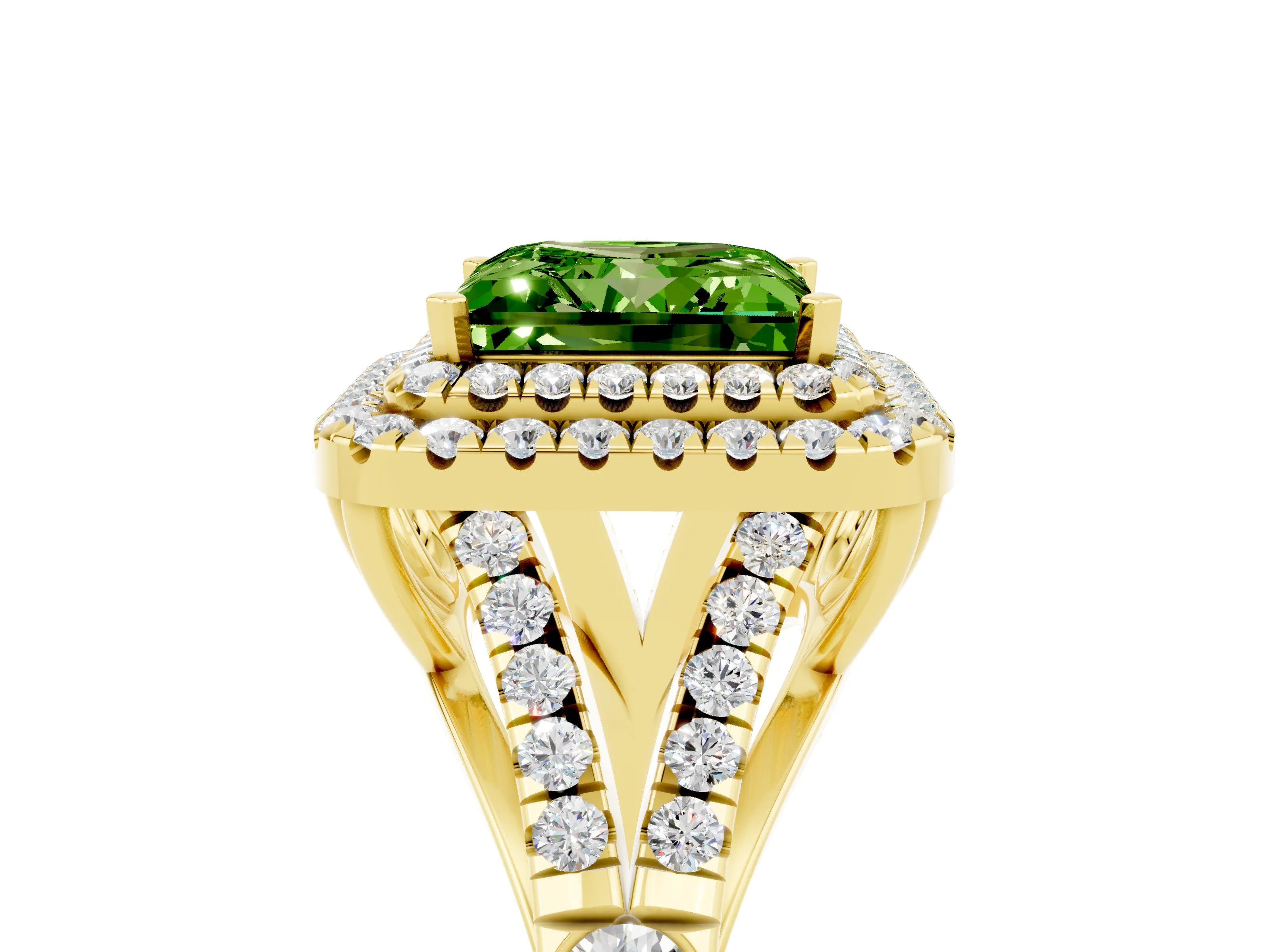 Yellow gold Double Halo Princess Cut Peridot Split Shank Engagement Ring with Four-Prong Setting_5