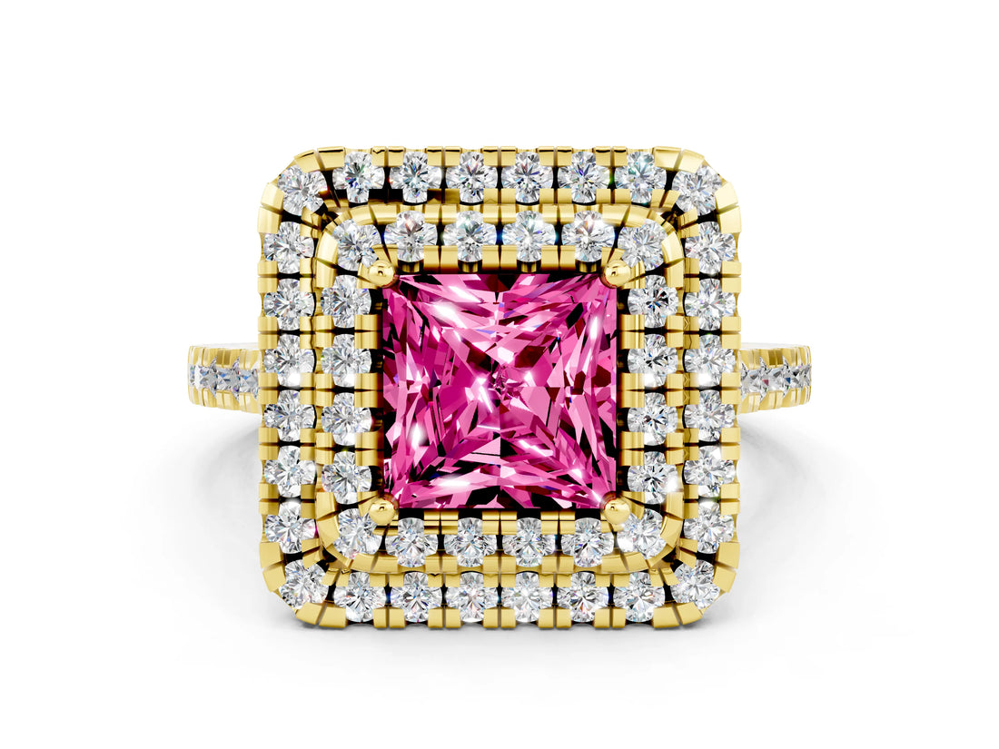 Yellow gold Double Halo Princess Cut Pink Sapphire Pavé Band with Four-Prong Setting_24