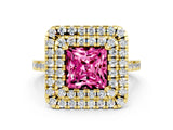 Yellow gold Double Halo Princess Cut Pink Sapphire Pavé Band with Four-Prong Setting_24