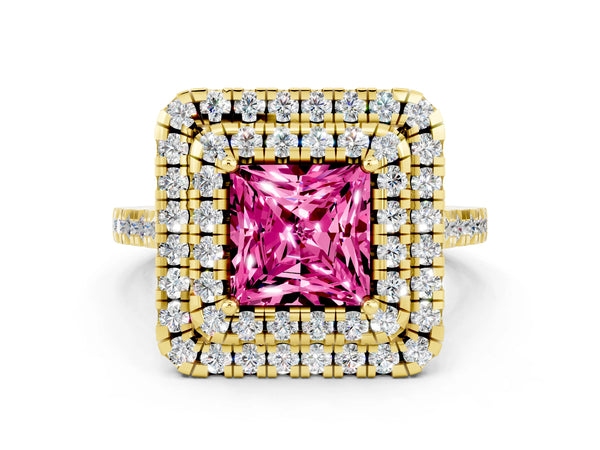 Yellow gold Double Halo Princess Cut Pink Sapphire Pavé Band with Four-Prong Setting