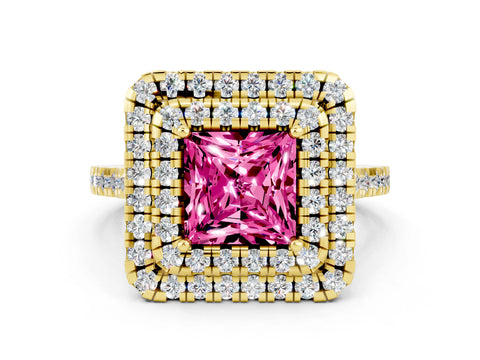 Yellow gold Double Halo Princess Cut Pink Sapphire Pavé Band with Four-Prong Setting_24