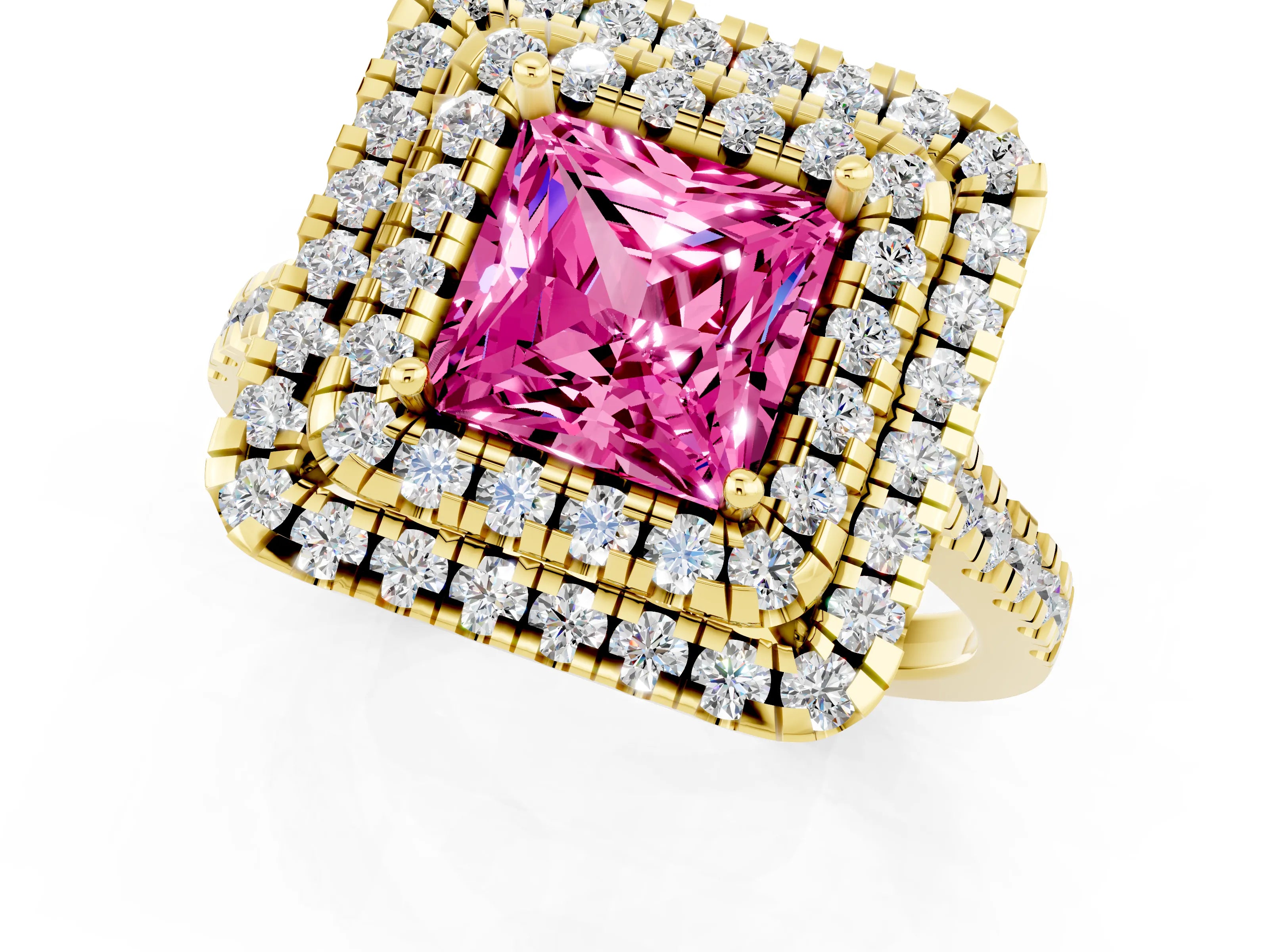 Yellow gold Double Halo Princess Cut Pink Sapphire Pavé Band with Four-Prong Setting_25
