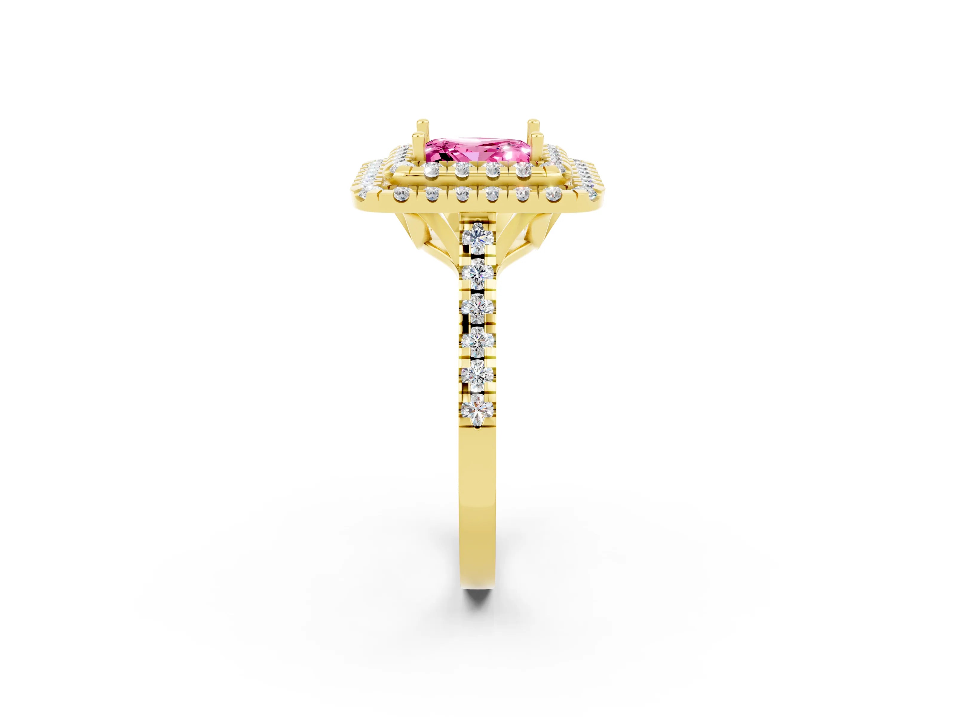 Yellow gold Double Halo Princess Cut Pink Sapphire Pavé Band with Four-Prong Setting_26