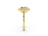 Yellow gold Double Halo Princess Cut Pink Sapphire Pavé Band with Four-Prong Setting_26