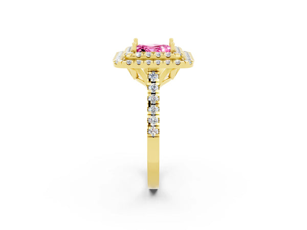 Yellow gold Double Halo Princess Cut Pink Sapphire Pavé Band with Four-Prong Setting