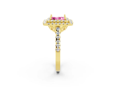 Yellow gold Double Halo Princess Cut Pink Sapphire Pavé Band with Four-Prong Setting_26