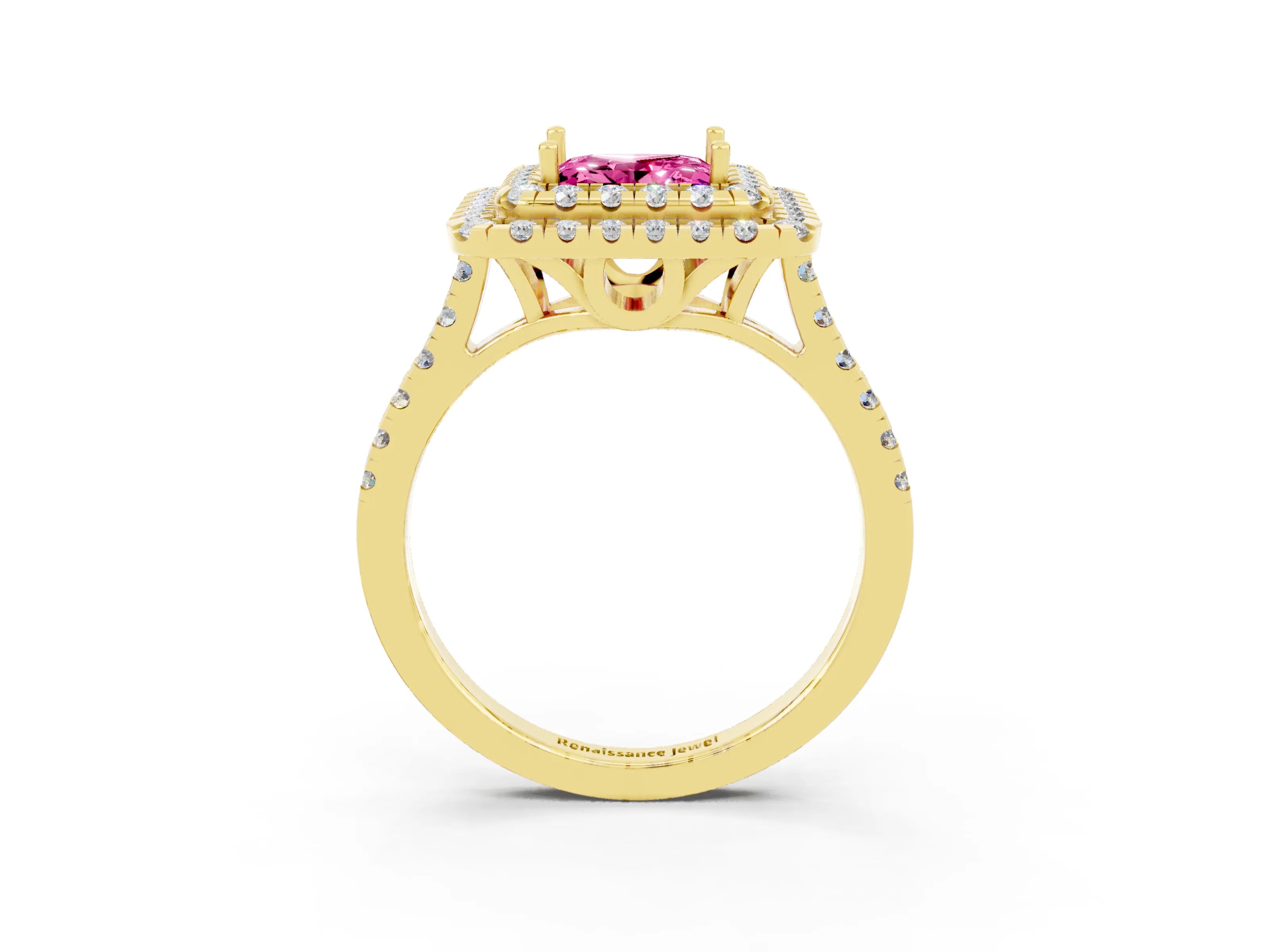 Yellow gold Double Halo Princess Cut Pink Sapphire Pavé Band with Four-Prong Setting_27