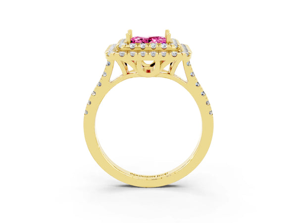 Yellow gold Double Halo Princess Cut Pink Sapphire Pavé Band with Four-Prong Setting