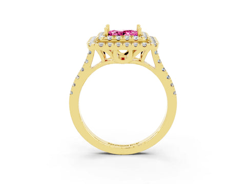 Yellow gold Double Halo Princess Cut Pink Sapphire Pavé Band with Four-Prong Setting_27