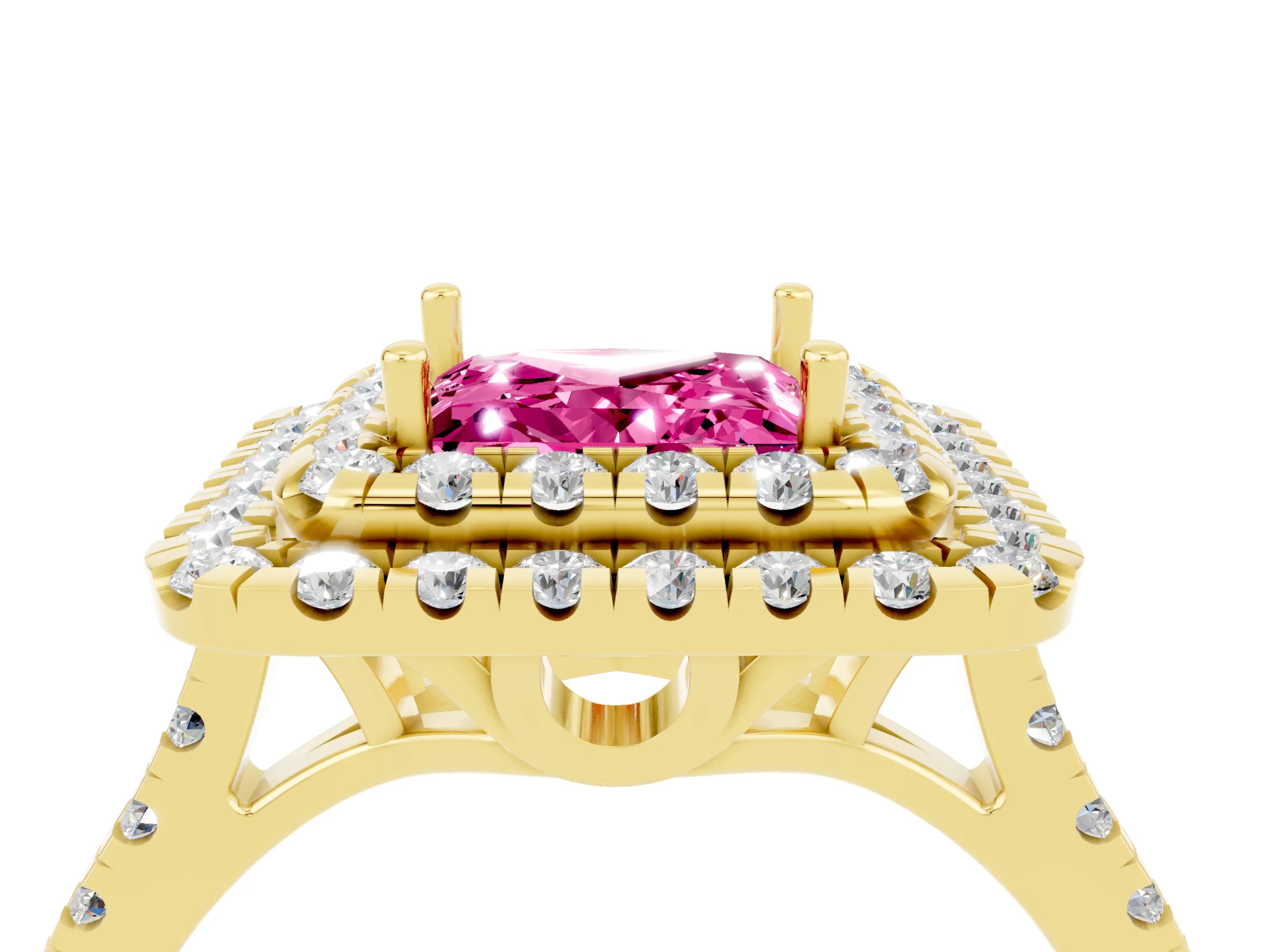 Yellow gold Double Halo Princess Cut Pink Sapphire Pavé Band with Four-Prong Setting_28