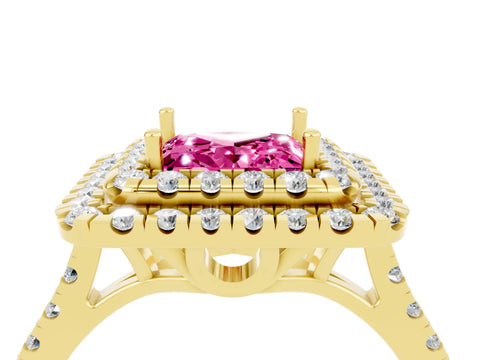 Yellow gold Double Halo Princess Cut Pink Sapphire Pavé Band with Four-Prong Setting_28