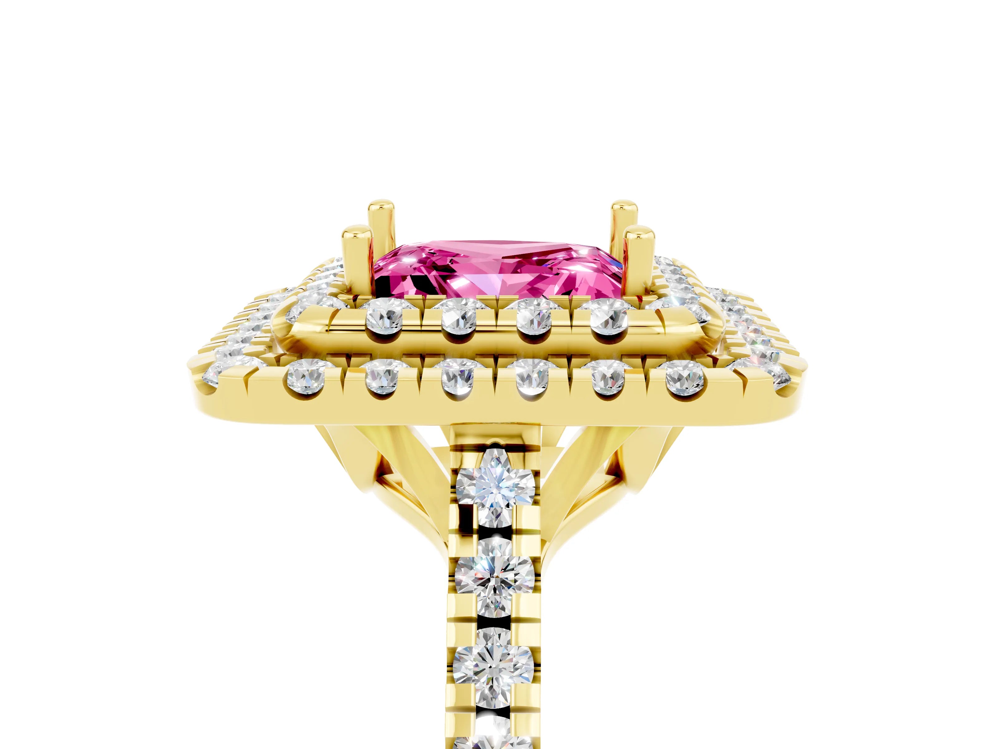 Yellow gold Double Halo Princess Cut Pink Sapphire Pavé Band with Four-Prong Setting_29