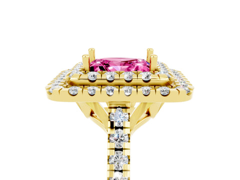 Yellow gold Double Halo Princess Cut Pink Sapphire Pavé Band with Four-Prong Setting_29