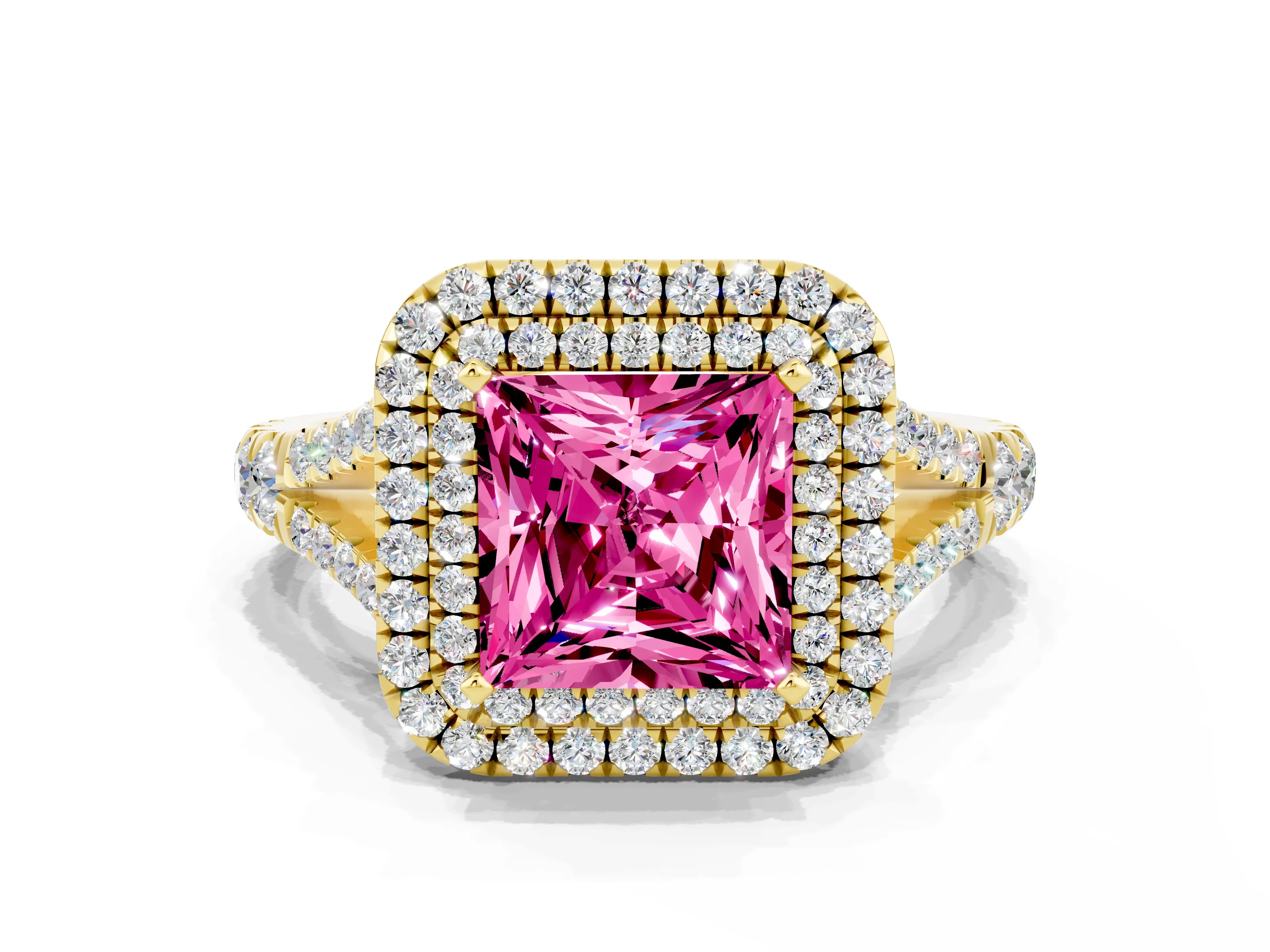 Yellow gold Double Halo Princess Cut Pink Sapphire Pavé Split Shank Ring with Prong Setting