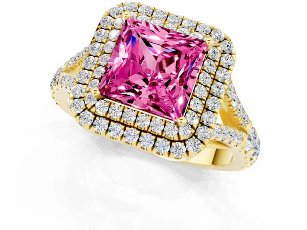 Yellow gold Double Halo Princess Cut Pink Sapphire Pavé Split Shank Ring with Prong Setting