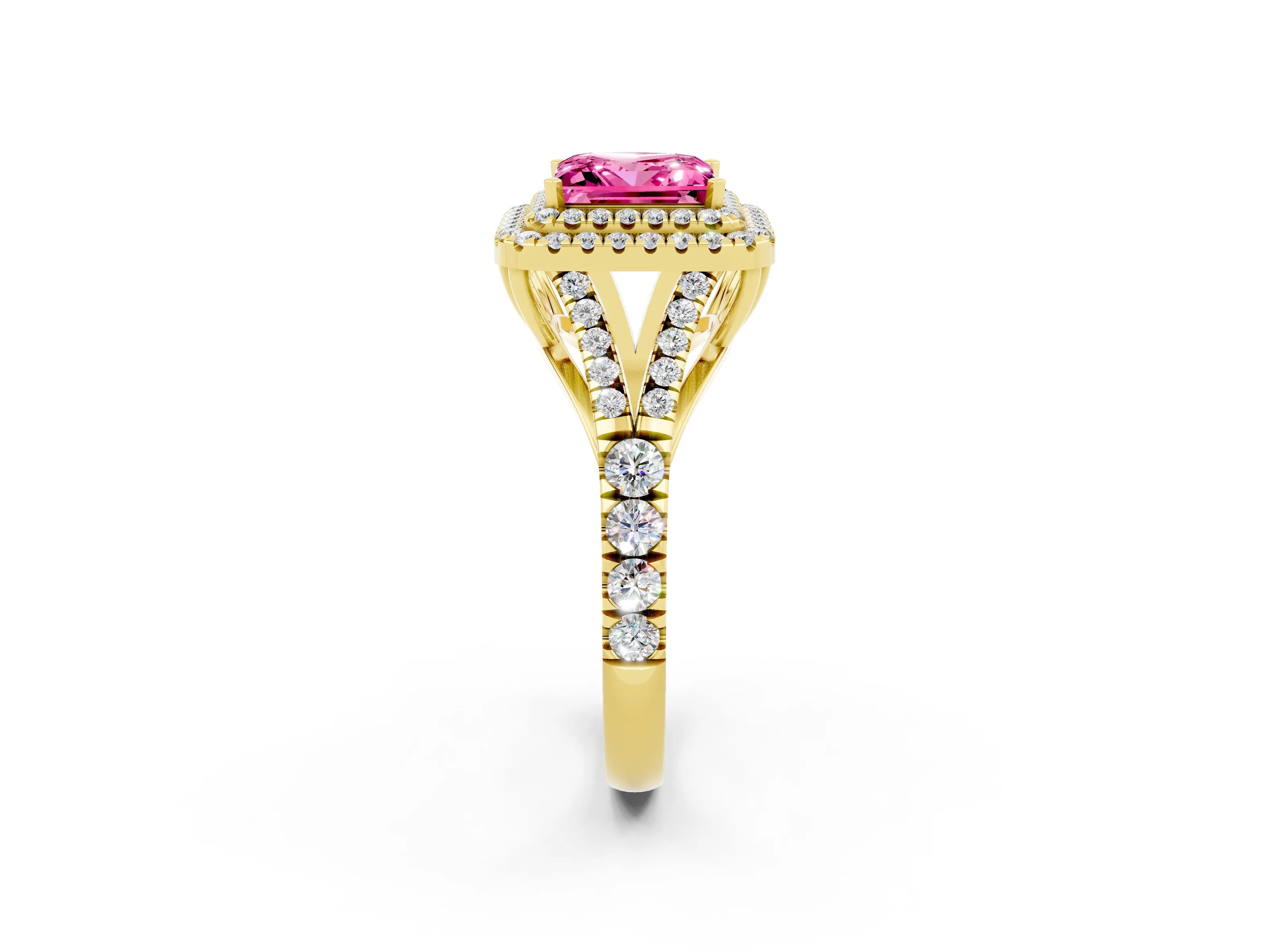Yellow gold Double Halo Princess Cut Pink Sapphire Pavé Split Shank Ring with Prong Setting_2