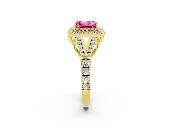 Yellow gold Double Halo Princess Cut Pink Sapphire Pavé Split Shank Ring with Prong Setting