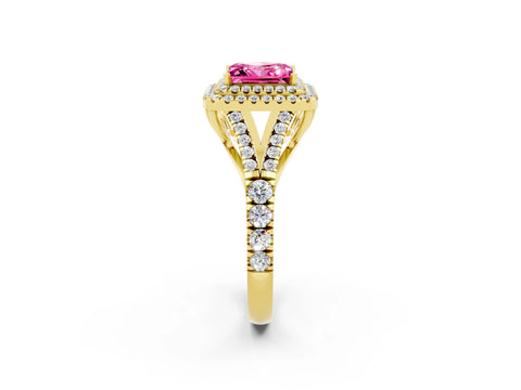 Yellow gold Double Halo Princess Cut Pink Sapphire Pavé Split Shank Ring with Prong Setting_2
