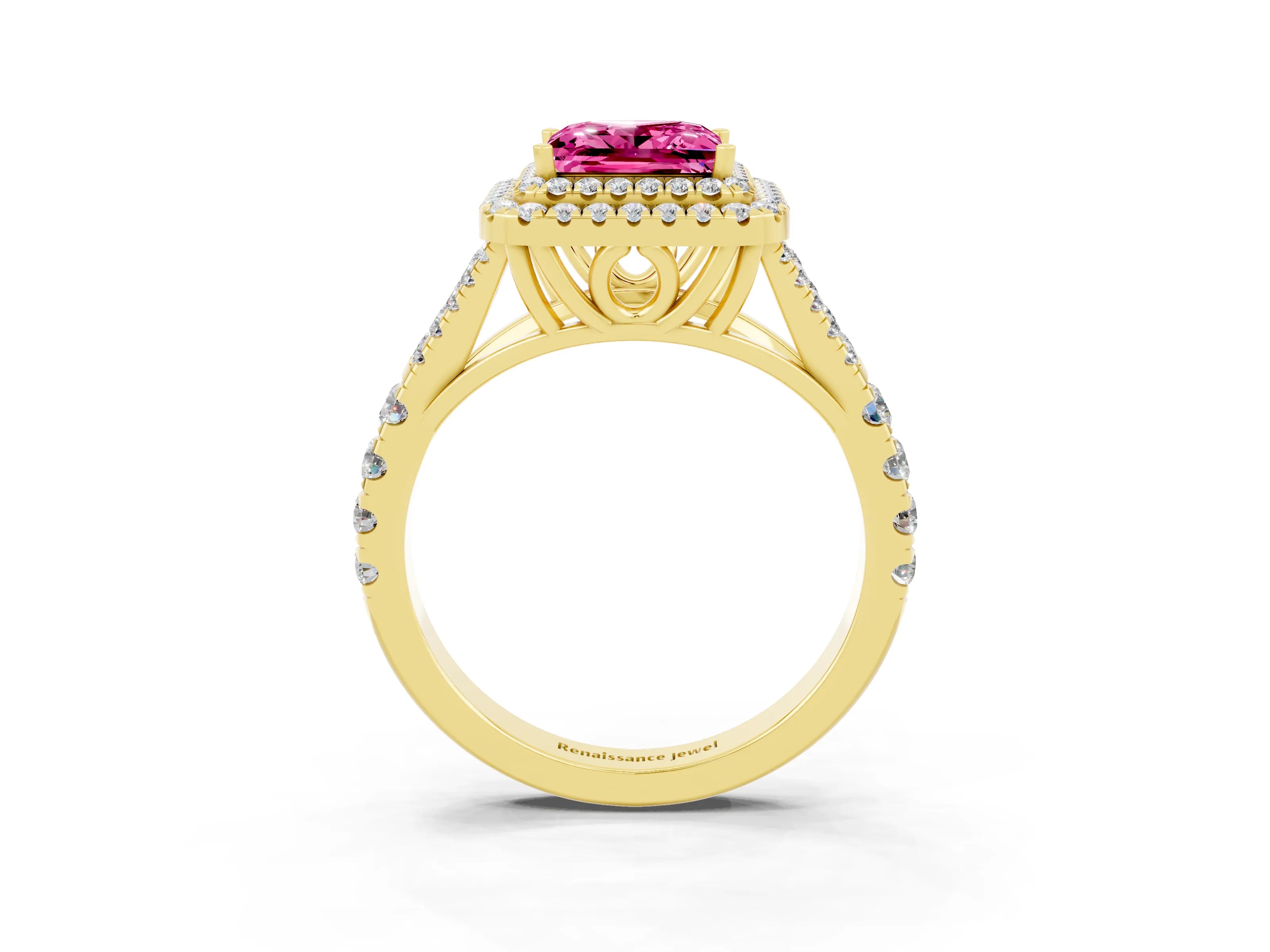 Yellow gold Double Halo Princess Cut Pink Sapphire Pavé Split Shank Ring with Prong Setting_3