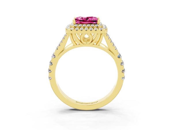 Yellow gold Double Halo Princess Cut Pink Sapphire Pavé Split Shank Ring with Prong Setting
