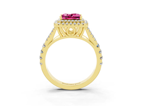 Yellow gold Double Halo Princess Cut Pink Sapphire Pavé Split Shank Ring with Prong Setting_3