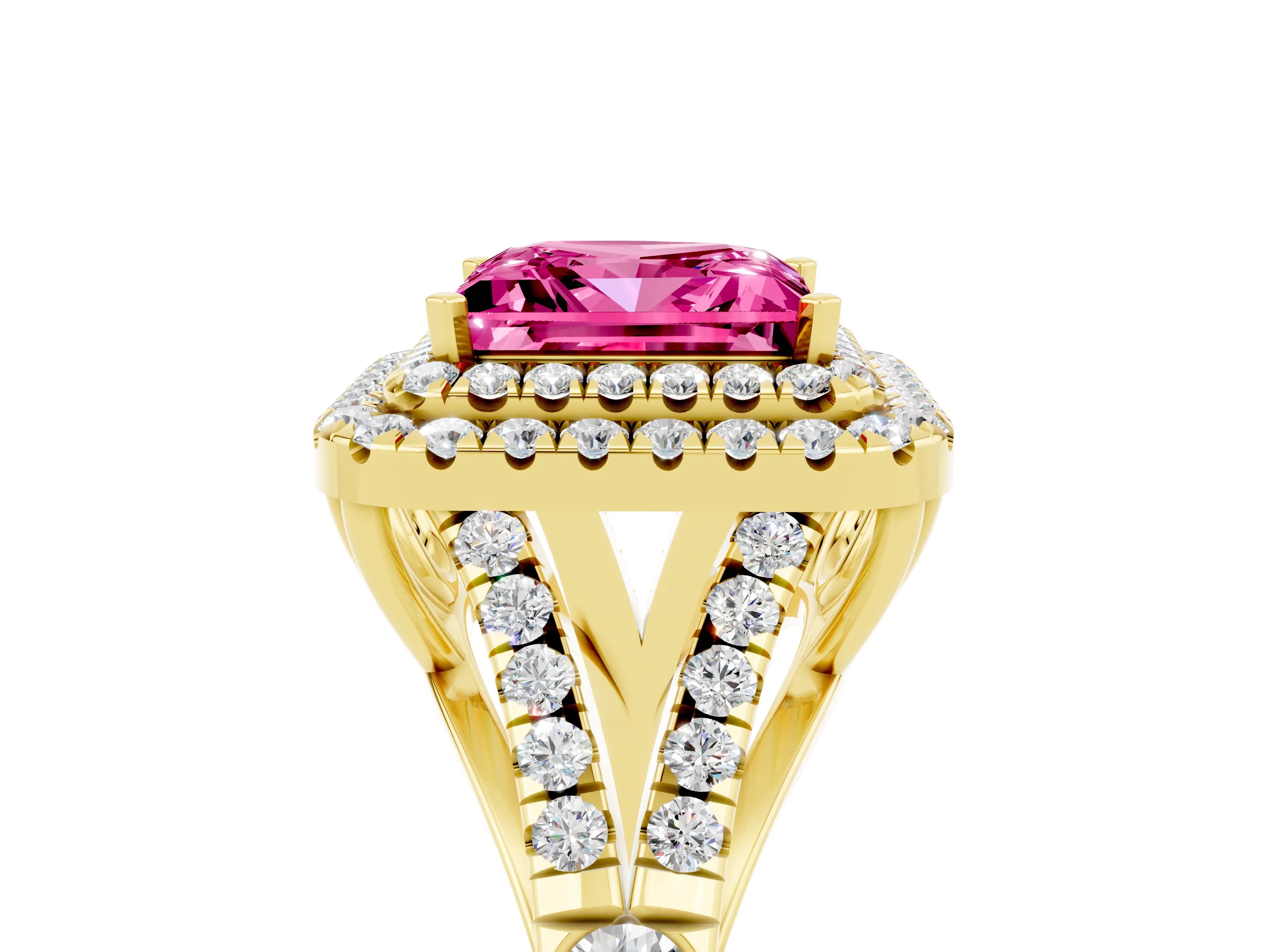 Yellow gold Double Halo Princess Cut Pink Sapphire Pavé Split Shank Ring with Prong Setting_5