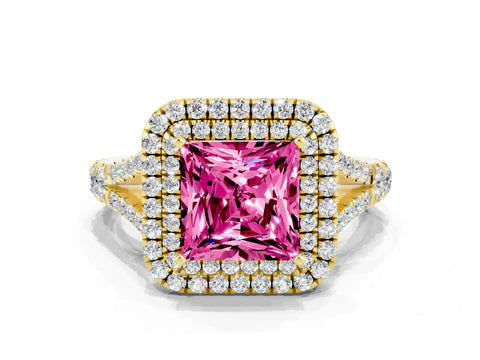 Yellow gold Double Halo Princess Cut Pink Sapphire Pavé Split Shank Ring with Prong Setting