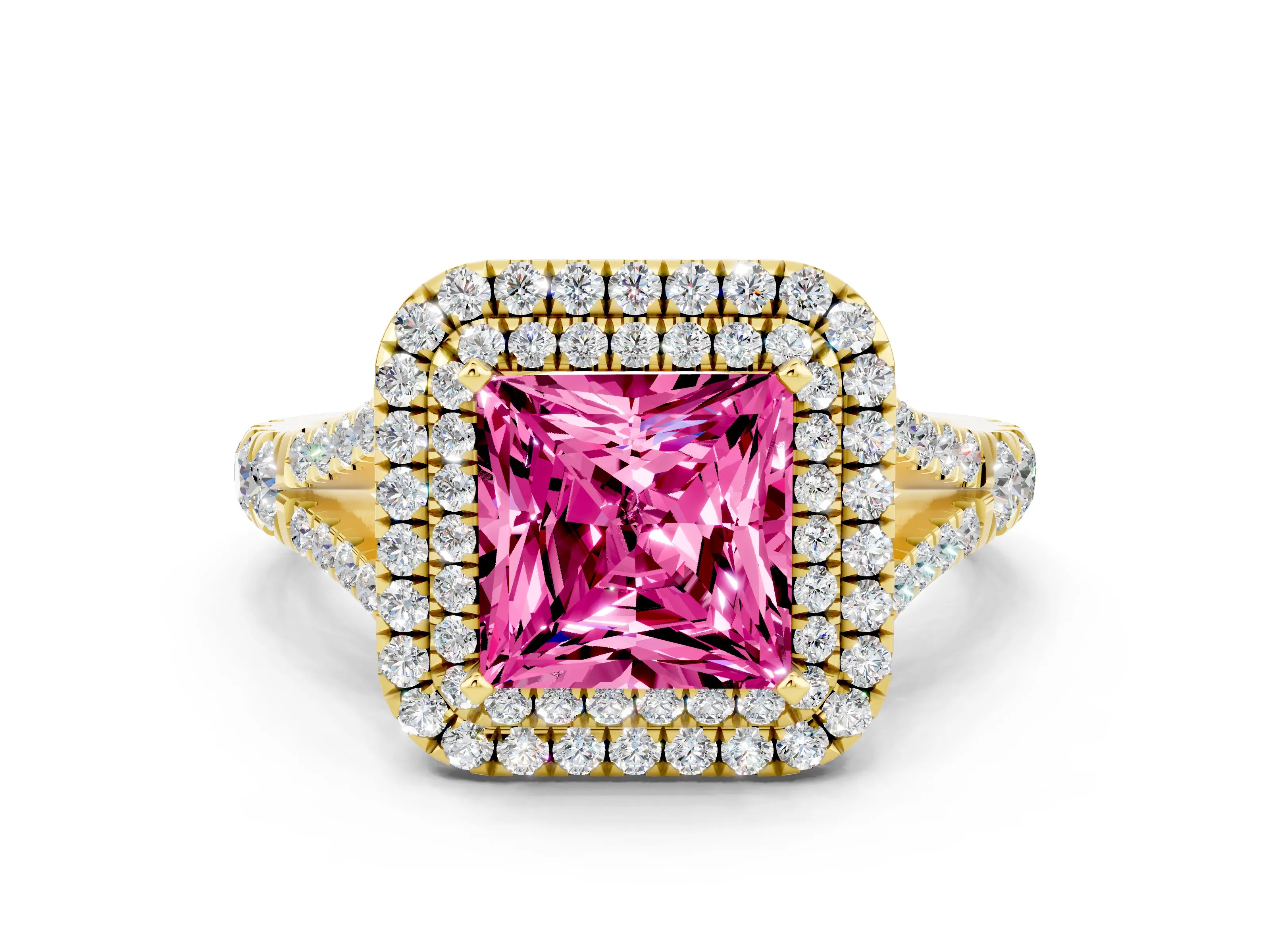 Yellow gold Double Halo Princess Cut Pink Sapphire Split Shank Engagement Ring with Four-Prong Setting