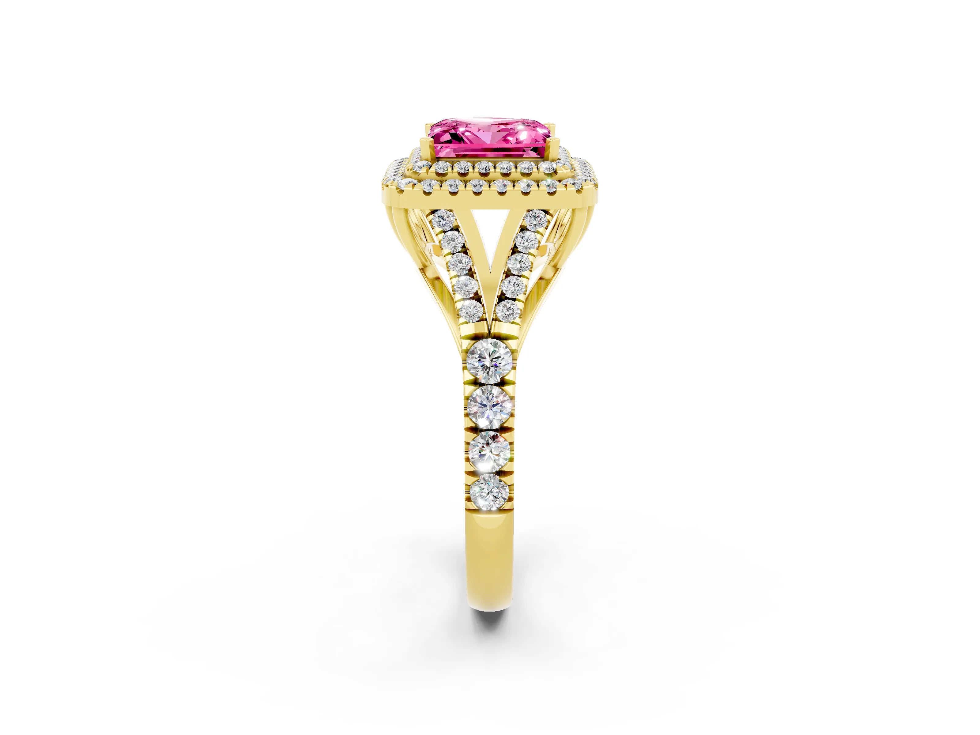 Yellow gold Double Halo Princess Cut Pink Sapphire Split Shank Engagement Ring with Four-Prong Setting_2