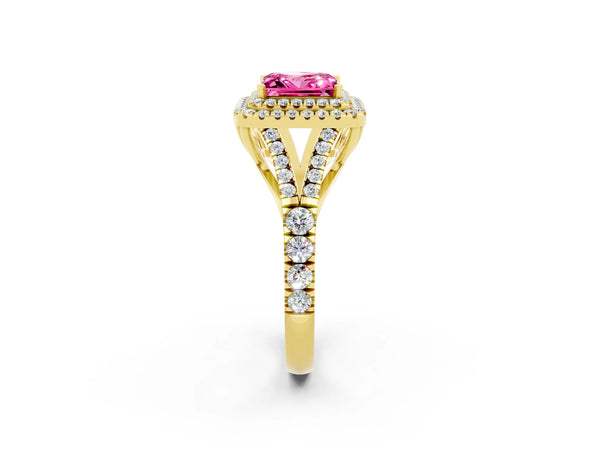 Yellow gold Double Halo Princess Cut Pink Sapphire Split Shank Engagement Ring with Four-Prong Setting