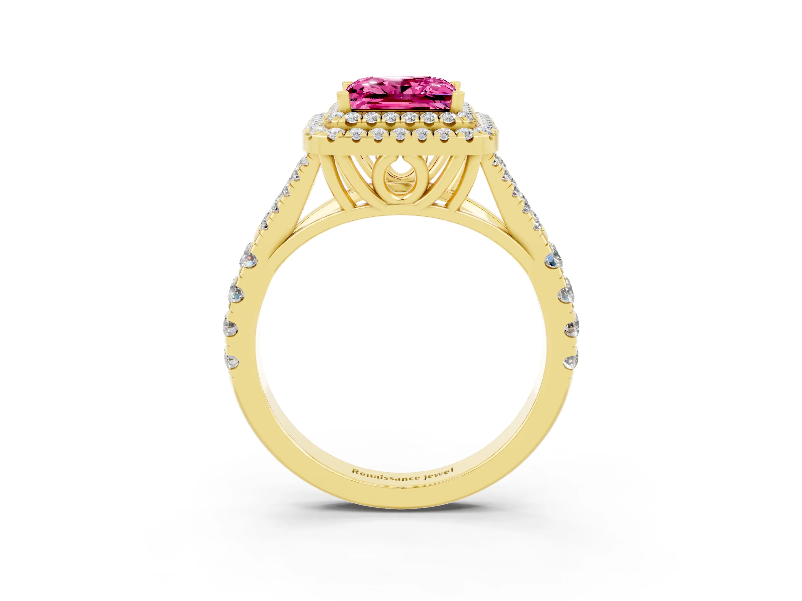 Yellow gold Double Halo Princess Cut Pink Sapphire Split Shank Engagement Ring with Four-Prong Setting_3
