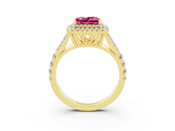 Yellow gold Double Halo Princess Cut Pink Sapphire Split Shank Engagement Ring with Four-Prong Setting