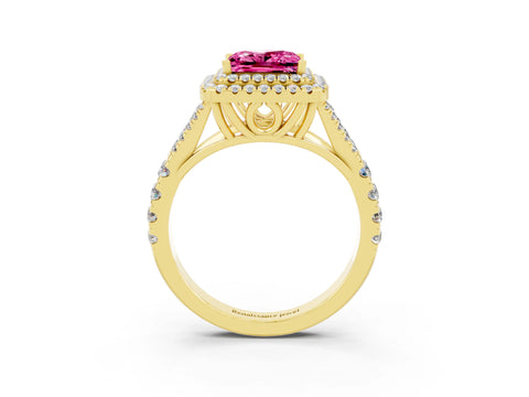 Yellow gold Double Halo Princess Cut Pink Sapphire Split Shank Engagement Ring with Four-Prong Setting_3