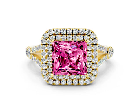 Yellow gold Double Halo Princess Cut Pink Sapphire Split Shank Engagement Ring with Four-Prong Setting