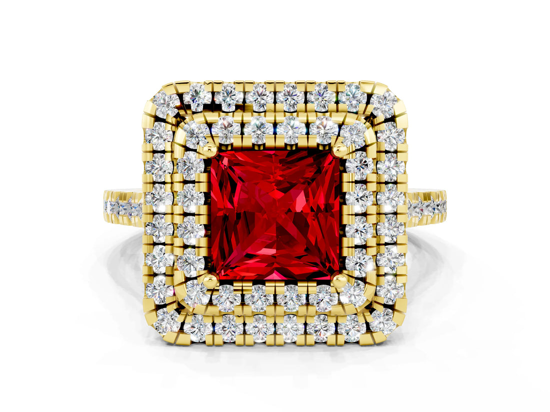 Yellow gold Double Halo Princess Cut Ruby Pavé Band with Four-Prong Setting