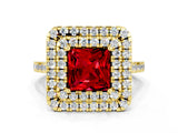 Yellow gold Double Halo Princess Cut Ruby Pavé Band with Four-Prong Setting