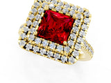 Yellow gold Double Halo Princess Cut Ruby Pavé Band with Four-Prong Setting_1