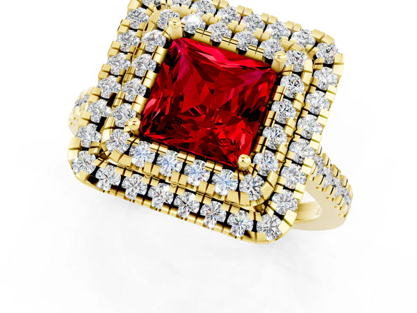 Yellow gold Double Halo Princess Cut Ruby Pavé Band with Four-Prong Setting