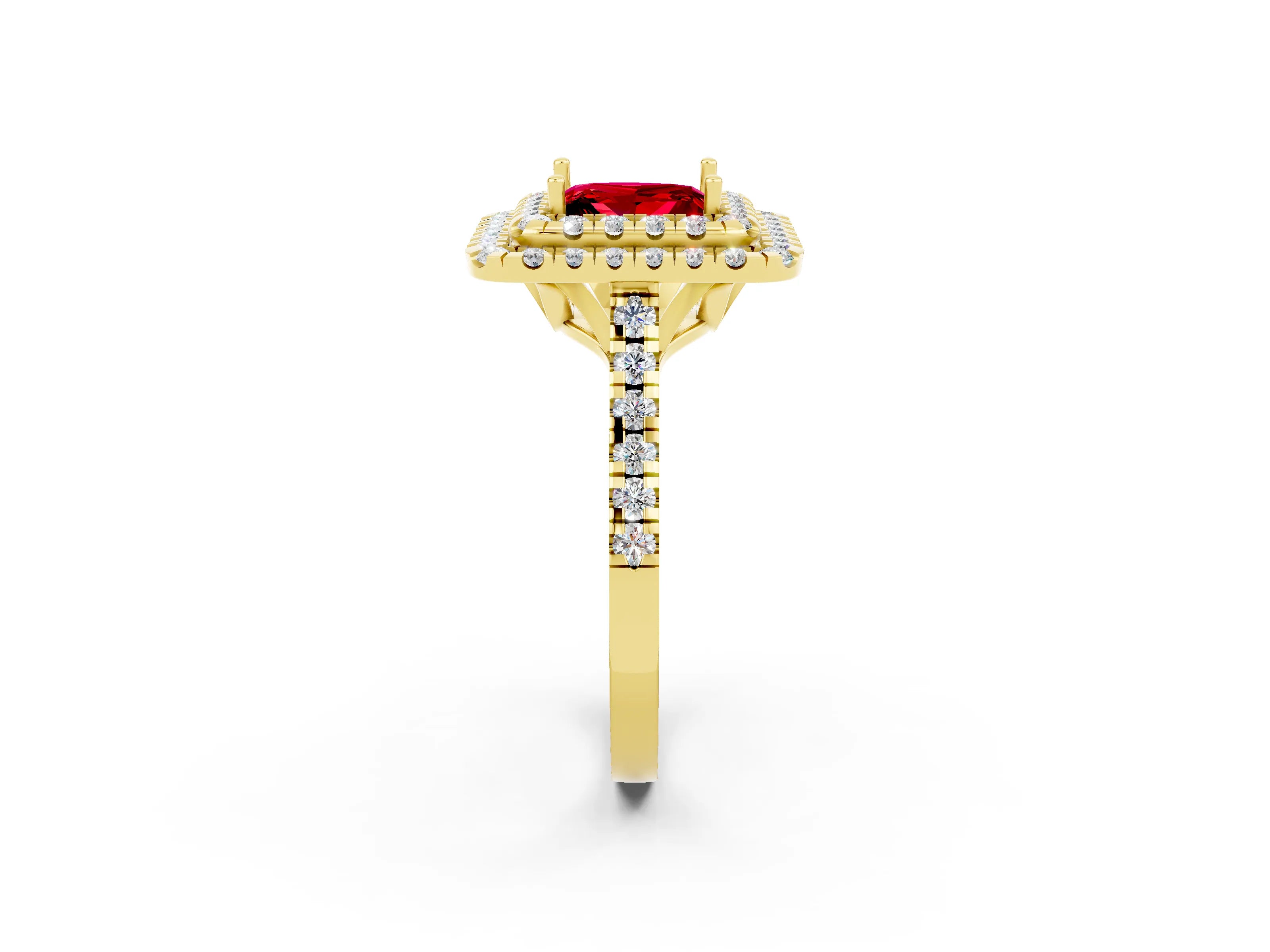 Yellow gold Double Halo Princess Cut Ruby Pavé Band with Four-Prong Setting_2