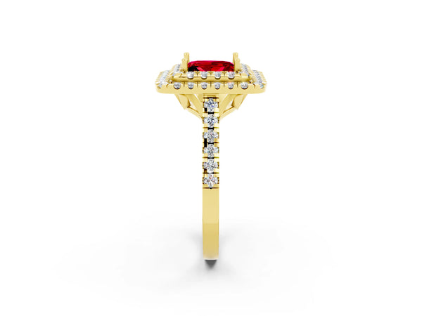 Yellow gold Double Halo Princess Cut Ruby Pavé Band with Four-Prong Setting