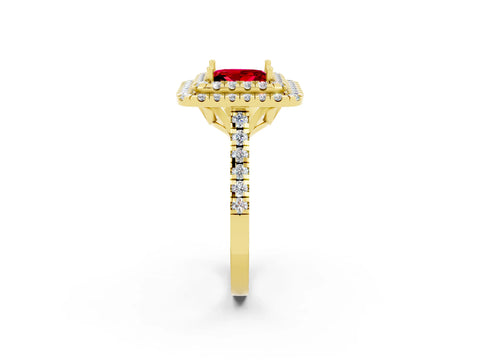 Yellow gold Double Halo Princess Cut Ruby Pavé Band with Four-Prong Setting_2