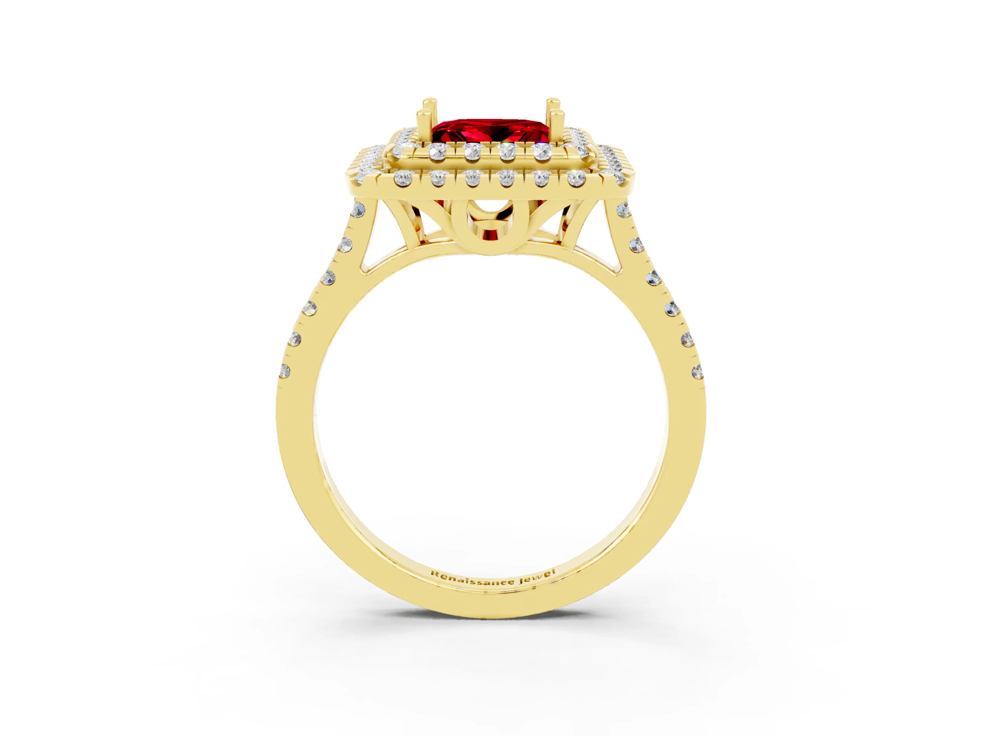Yellow gold Double Halo Princess Cut Ruby Pavé Band with Four-Prong Setting_3