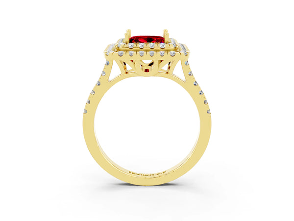 Yellow gold Double Halo Princess Cut Ruby Pavé Band with Four-Prong Setting